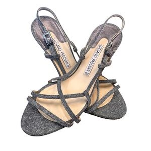 LUCIANO PADOVAN Silver Shimmery Strappy Heels w/ Rhinestone Buckles EU 38.5 US 8